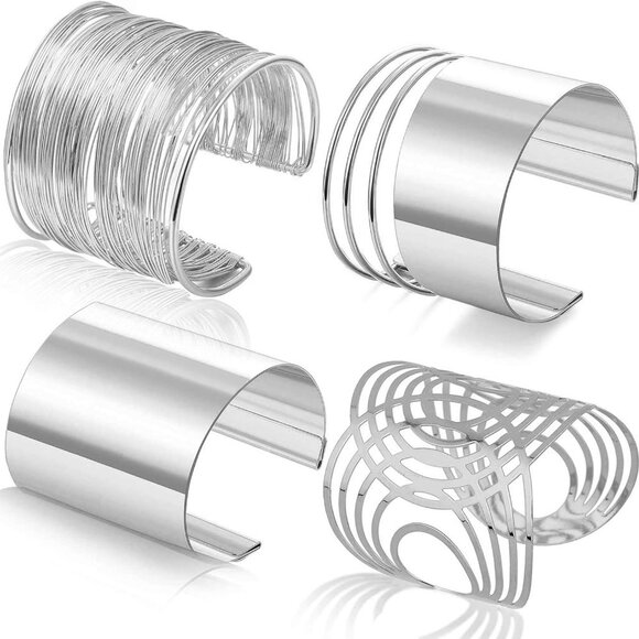 4 Pcs Gold Cuff Bangles for Women Wide Wire Adjustable Jewelry Set - Picture 1 of 7